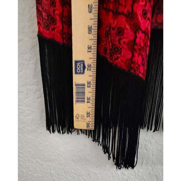 KIMONO/ROBE/COVER UP-LULAROE-Sheer-Red & Black-Black Fringe-Open Front-Size SM - Picture 12 of 13